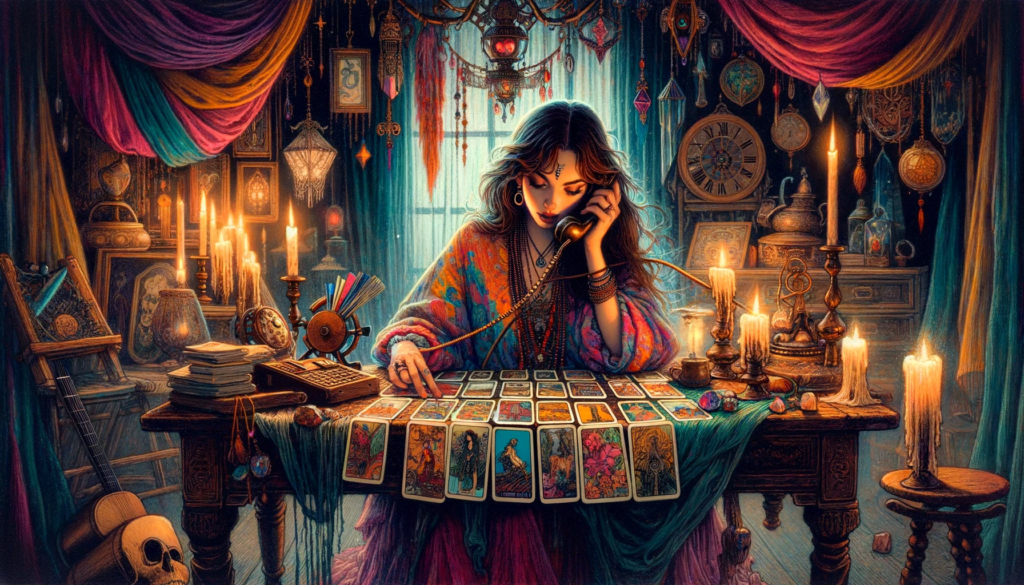 Voyante par téléphone en train de tirer les cartes au tarot